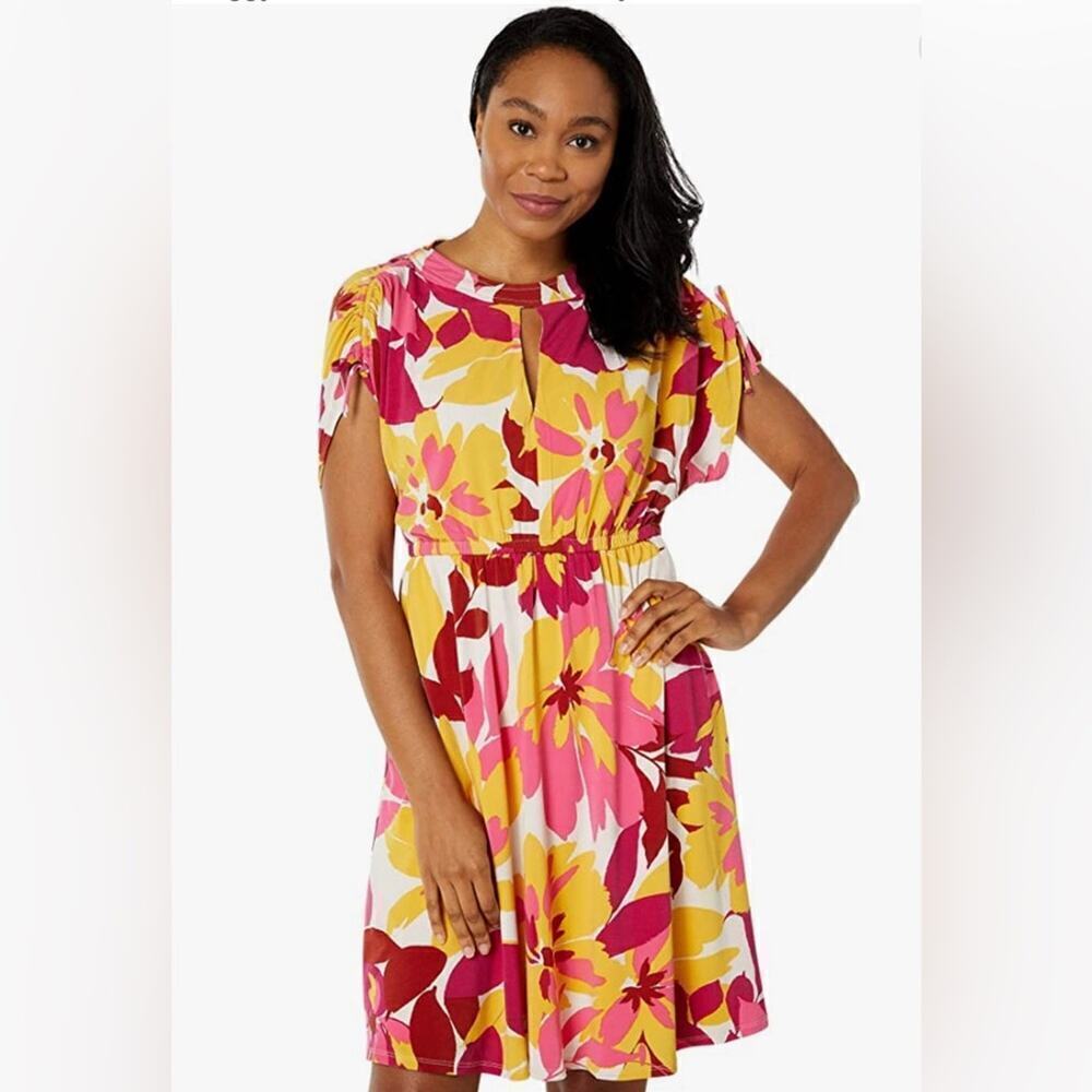 Maggy London Women’s Bright Floral Full Skirt Keyhole Matte Jersey Dress Sz 10